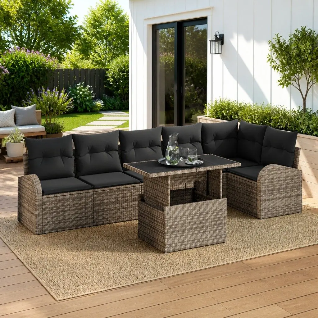Modular Garden Sofa Set 7 Piece Outdoor Seating Grey Poly Rattan with Cushions