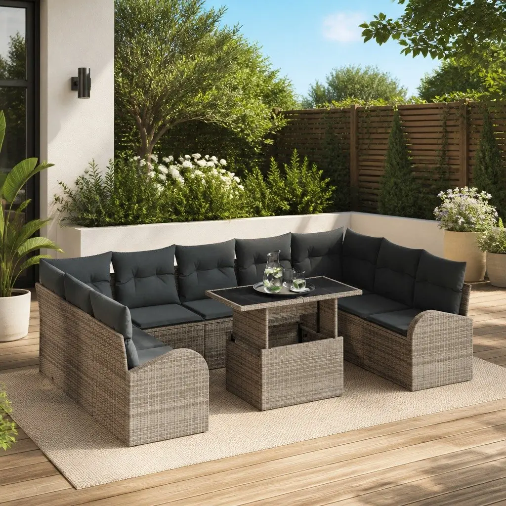 Modular Garden Sofa Set Outdoor Furniture 10 Pieces Grey Poly Rattan