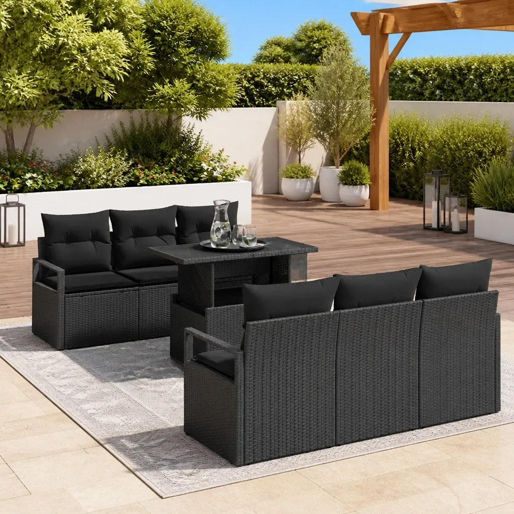 Modular Garden Sofa Set 7 Pieces Black Poly Rattan Outdoor Furniture with
