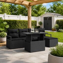 Modular Garden Sofa Set - 6 Pieces, Black Poly Rattan