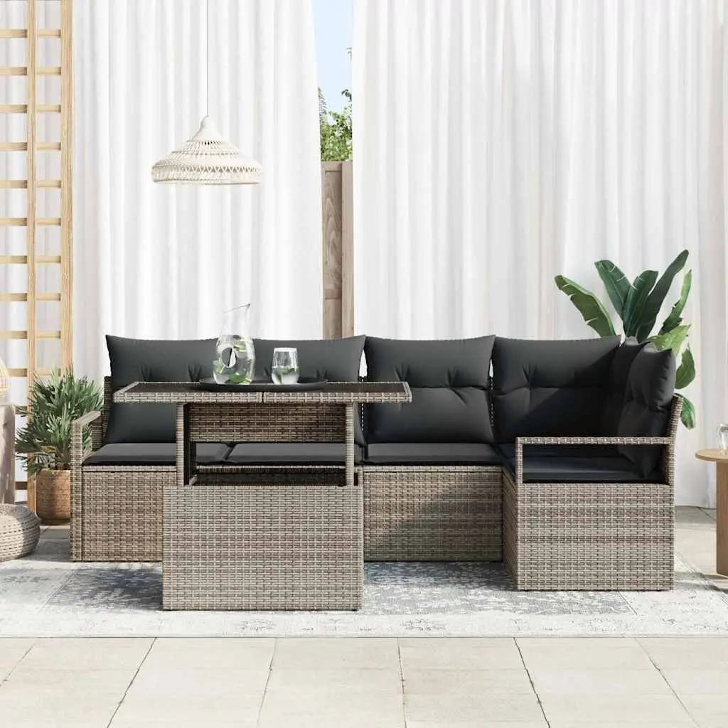 Modular Outdoor Sofa Set 6 Pieces Grey Poly Rattan for Patio with Tempered Glass Top
