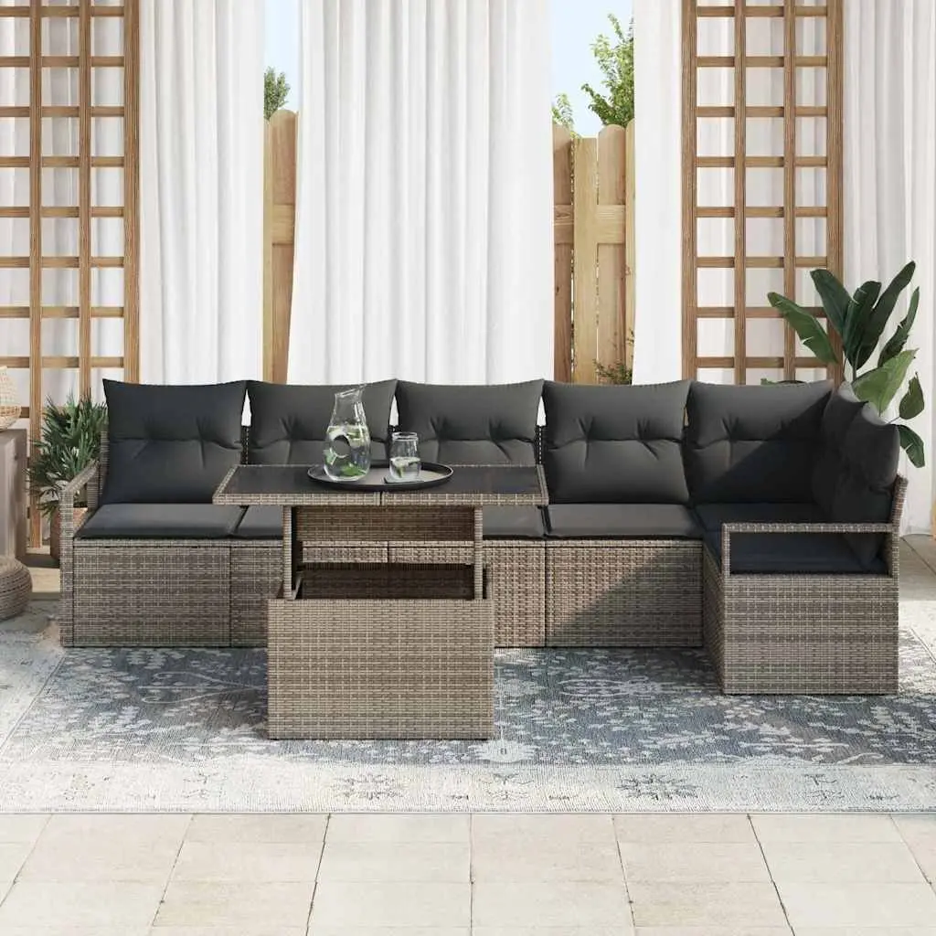 Garden Sofa Set Outdoor Use 7 Piece Grey Poly Rattan Sectional with Adjustable Table Weather Resistant Cushions Integrated Storage