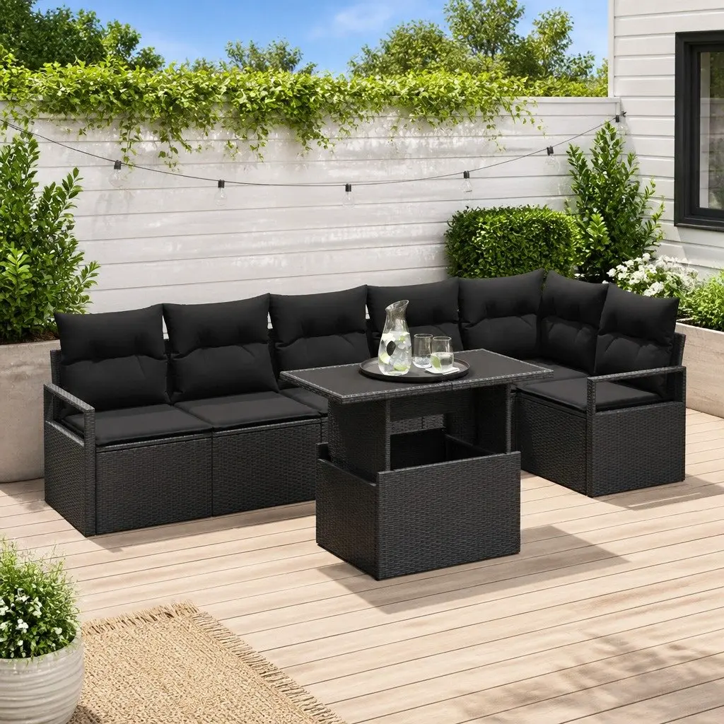 Outdoor Garden Sofa Set 7pcs Black Poly Rattan Furniture with Cushions