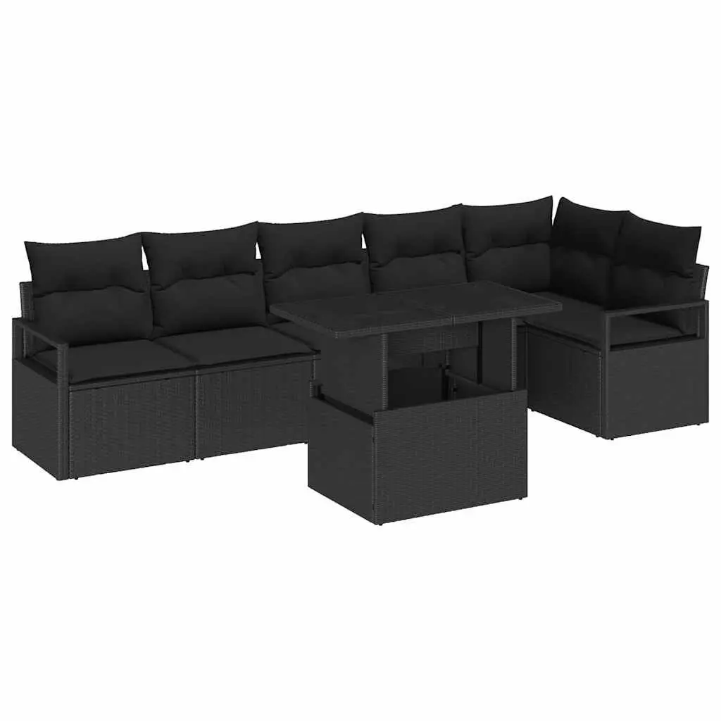 Outdoor Garden Sofa Set 7pcs Black Poly Rattan Furniture with Cushions