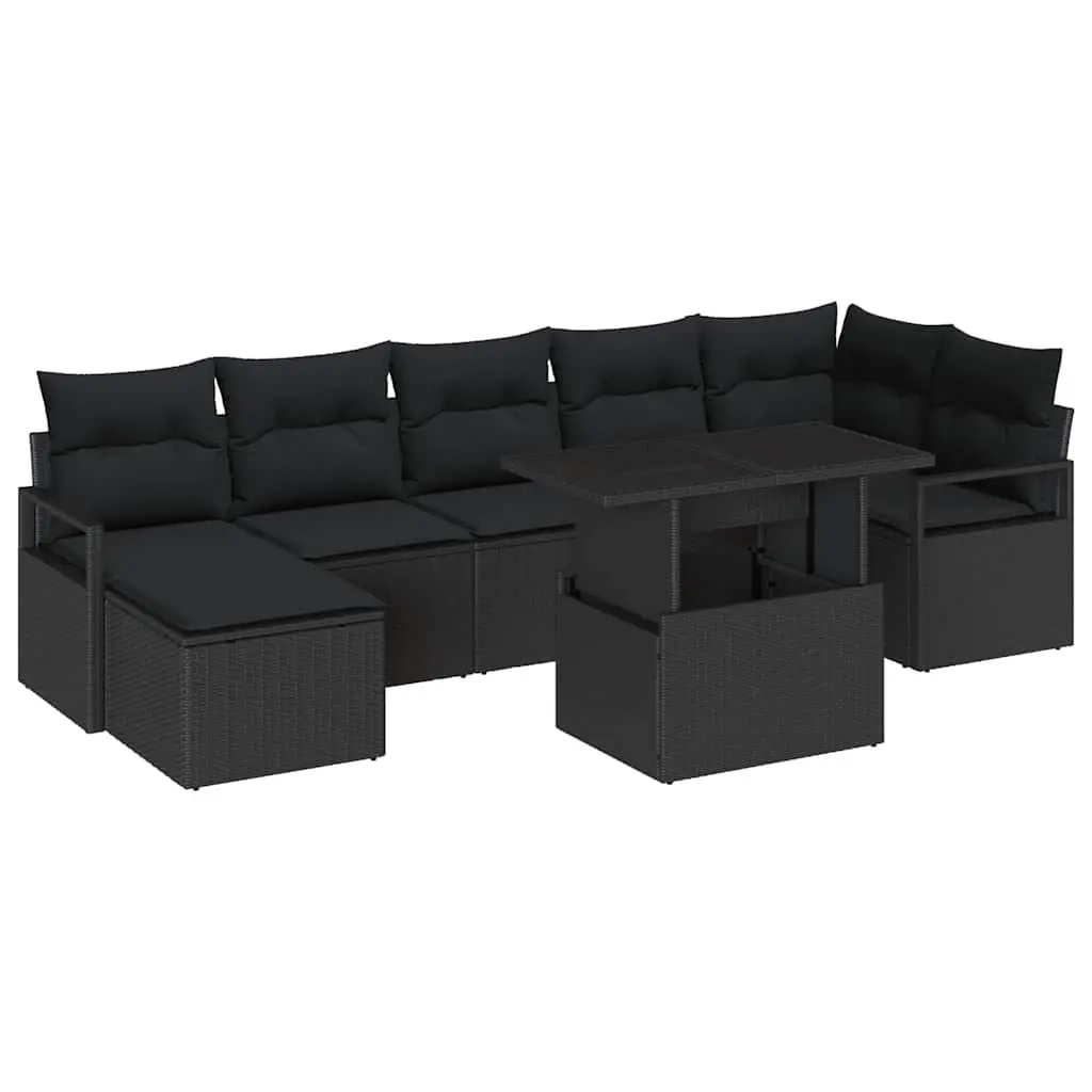 Modular Outdoor Sofa Set 8 Pieces Black Poly Rattan for Garden and Patio with Adjustable Table and Cushions