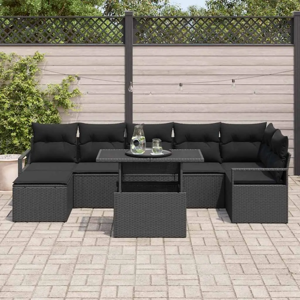 Modular Outdoor Sofa Set 8 Pieces Black Poly Rattan for Garden and Patio with Adjustable Table and Cushions