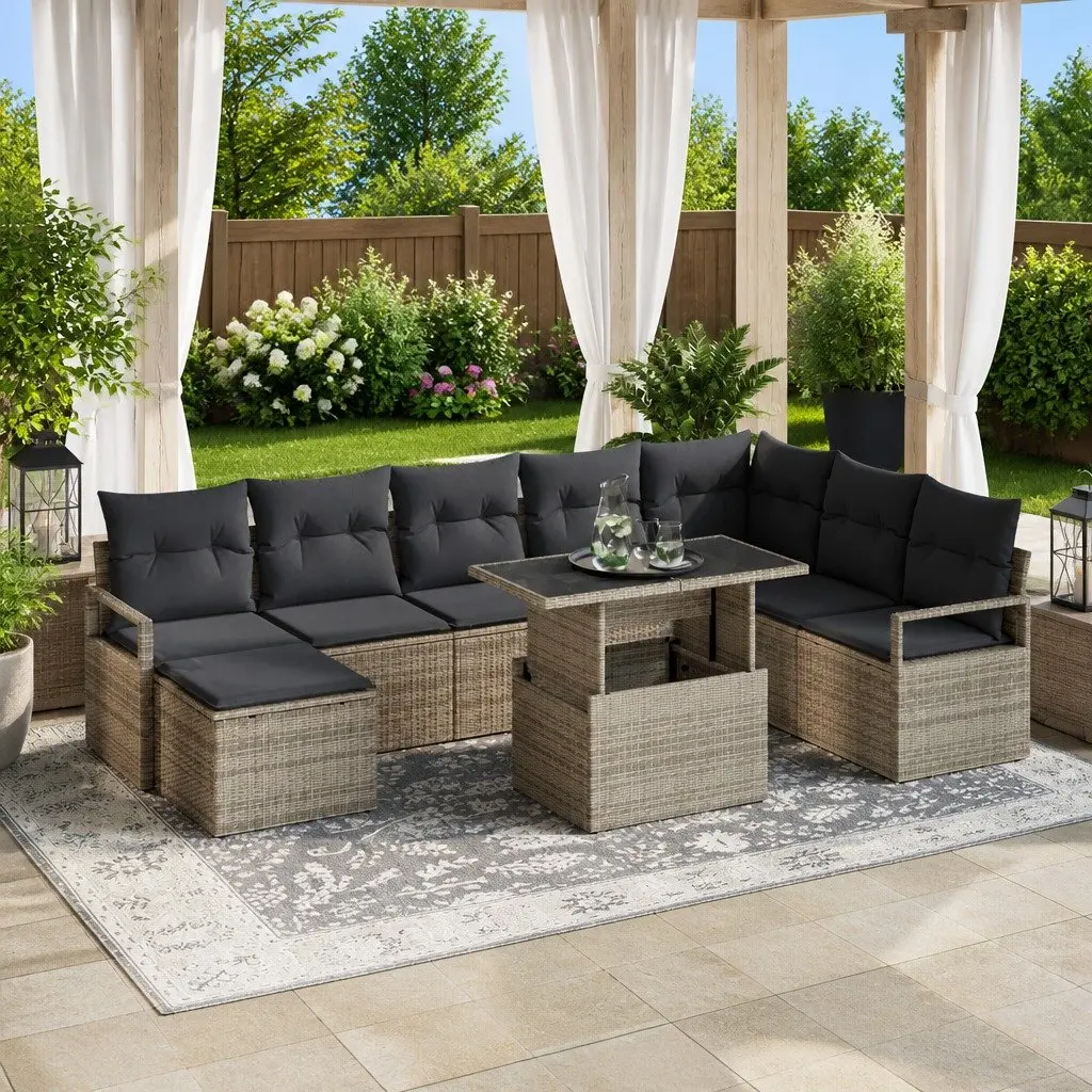Garden Sofa Set 9 Piece Outdoor Furniture Grey Poly Rattan Modular Patio Lounge