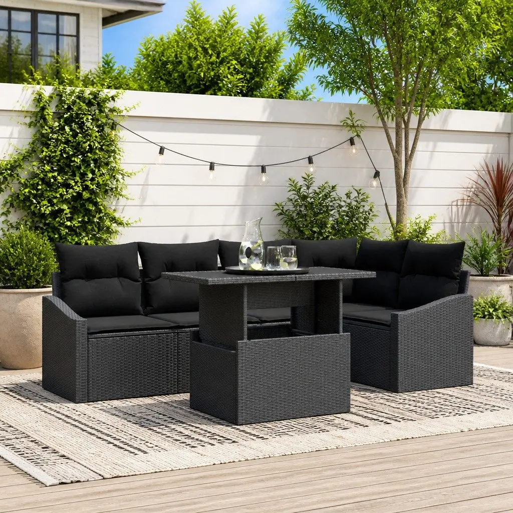 Garden Sofa Set Outdoor Seating 6 Piece Black Poly Rattan Steel Frame Modular