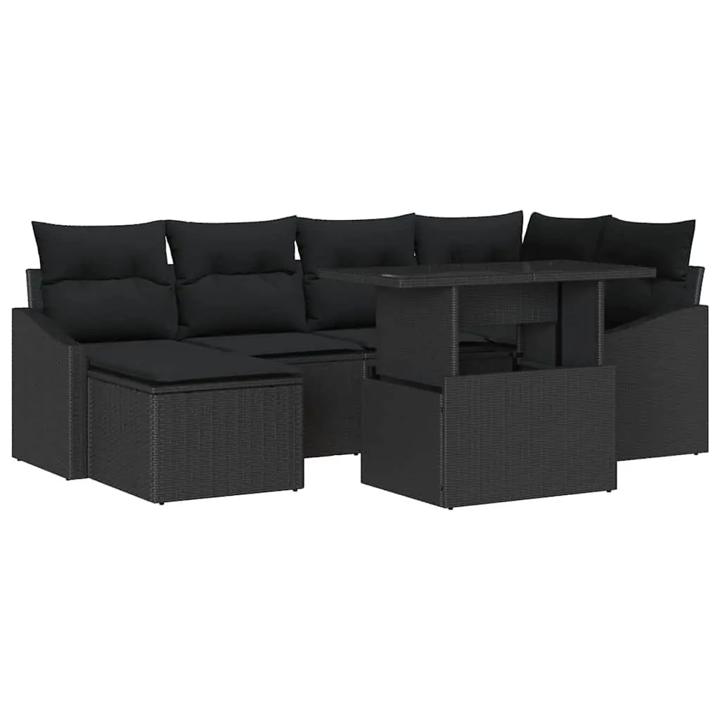 Outdoor Sofa Set for Garden 7 Piece Black Poly Rattan Steel Frame