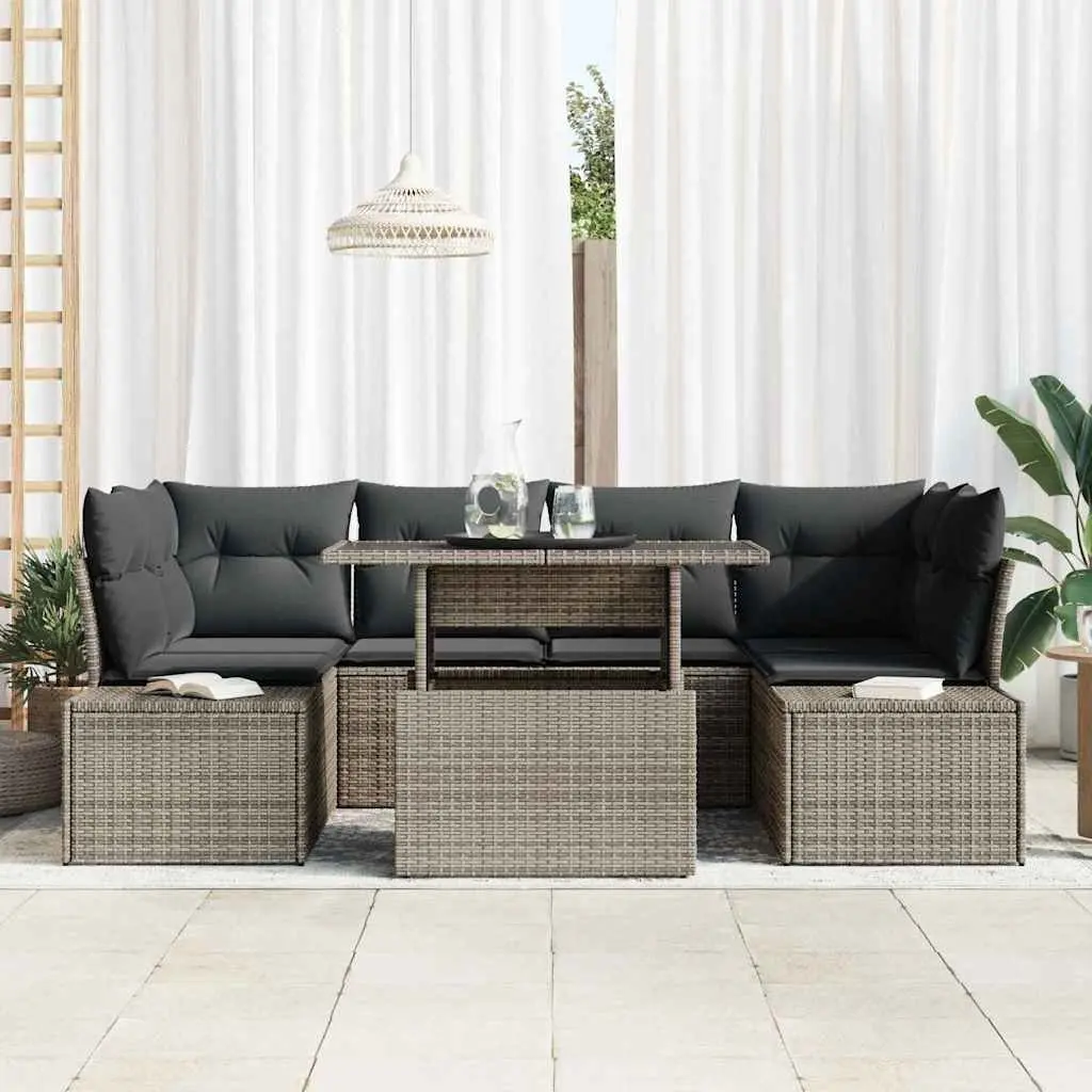 7-Piece Garden Sofa Set Grey Poly Rattan Outdoor Seating Adjustable Dining Table