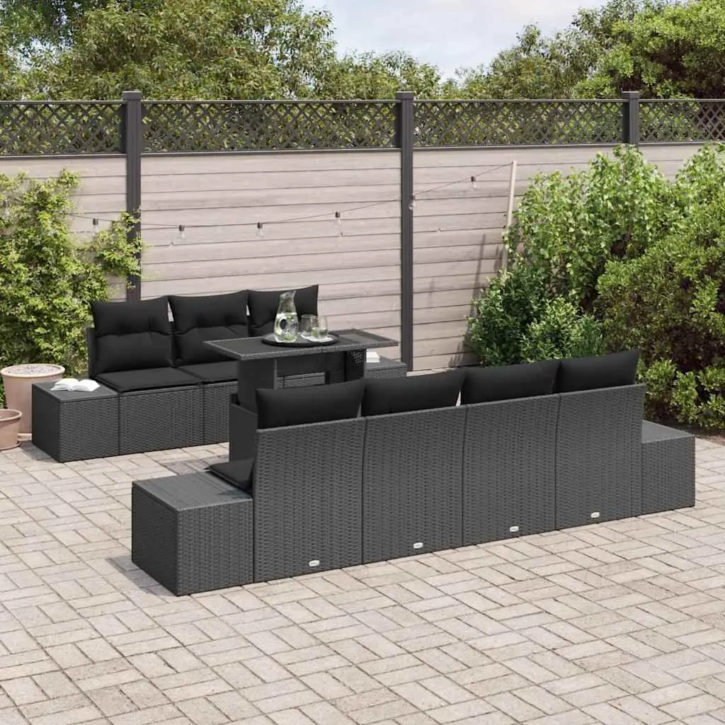 Modular Outdoor Sofa Set Black Poly Rattan Steel Frame 8 Piece for Patio Garden and Balcony
