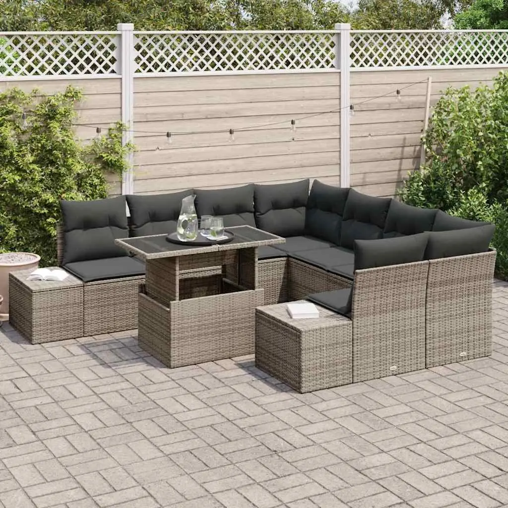 Garden Sofa Set 9 Pcs Modular Outdoor Seating Grey Poly Rattan with Cushions