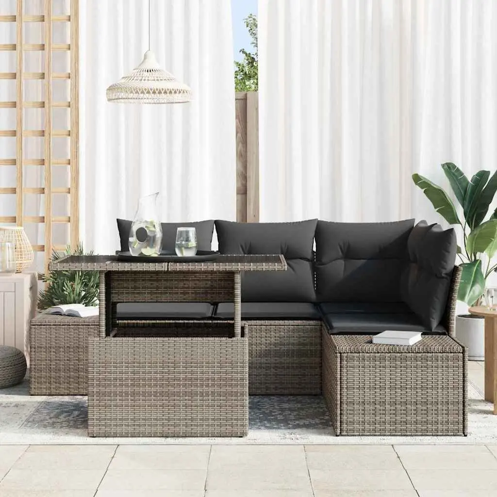 Garden Sofa Set 5 Pieces Grey Outdoor Furniture Poly Rattan Sectional with Table