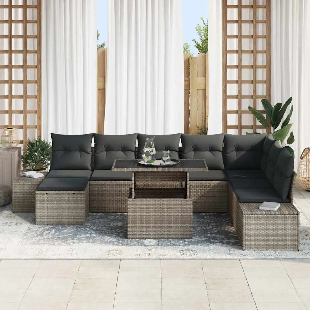 Garden Sofa Set 9 Piece Grey Poly Rattan Outdoor Furniture with Storage Table