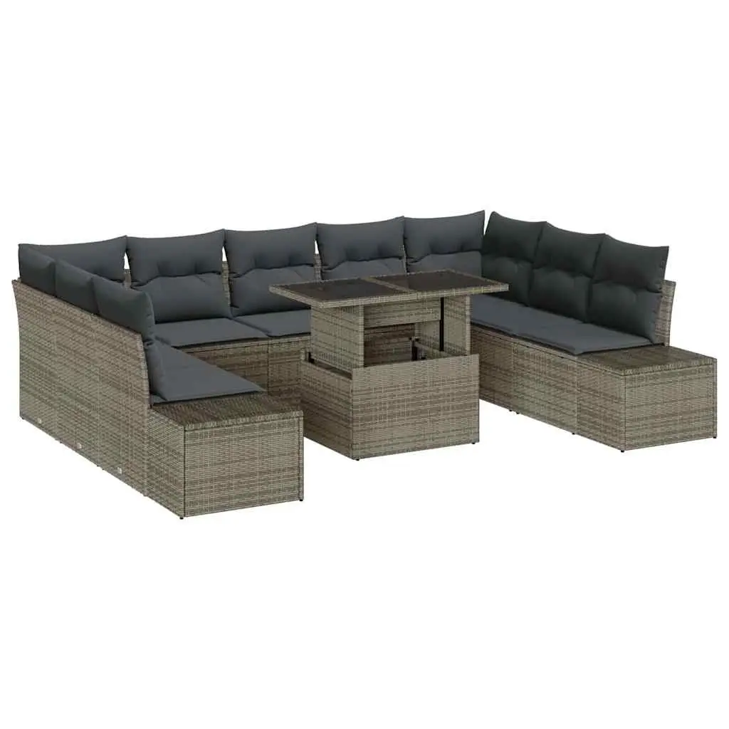 Garden Sofa Set 10 Pcs Grey Poly Rattan Outdoor Furniture with Storage Benches