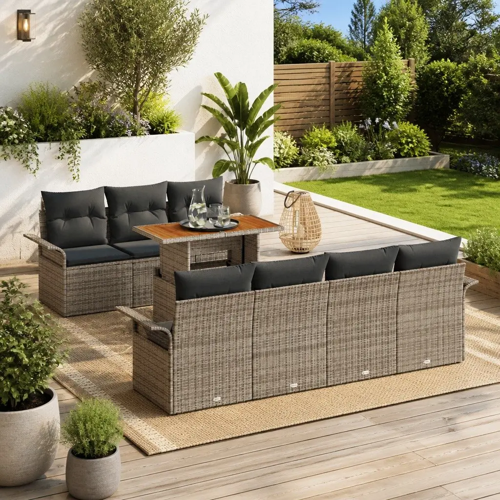 Outdoor Garden Sofa Set 8 Pieces Grey Poly Rattan Furniture with Storage