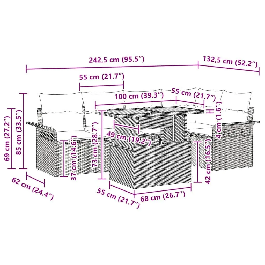 Outdoor Sofa Set 6 Pcs Grey Modular Garden Furniture with Storage Compartments