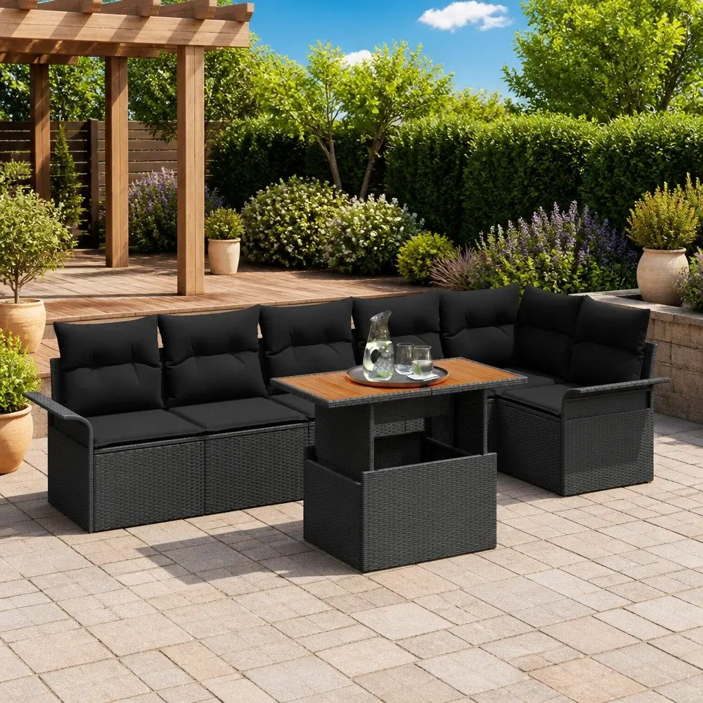 Garden Sofa Set 7 pcs Black Poly Rattan Modular Outdoor Lounge Setting