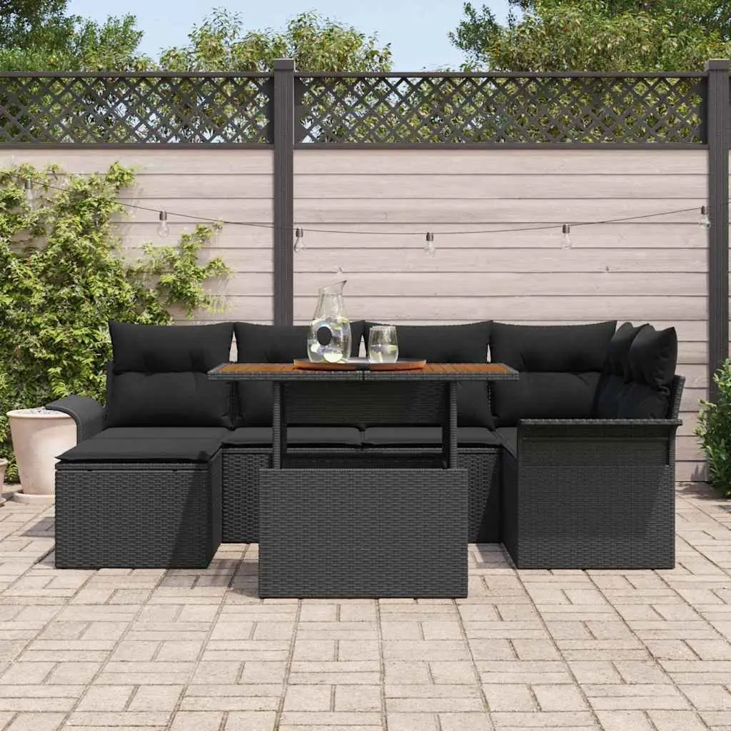 Outdoor Garden Sofa Set 7 Pieces Black Poly Rattan Modular Furniture with