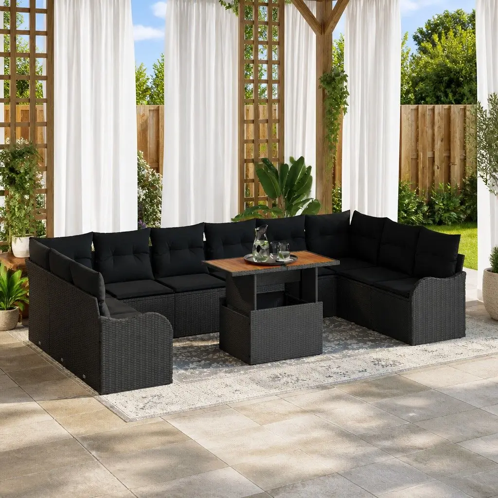 Modular Outdoor Sofa Set for Garden 11 Piece Black Poly Rattan with Steel Frame