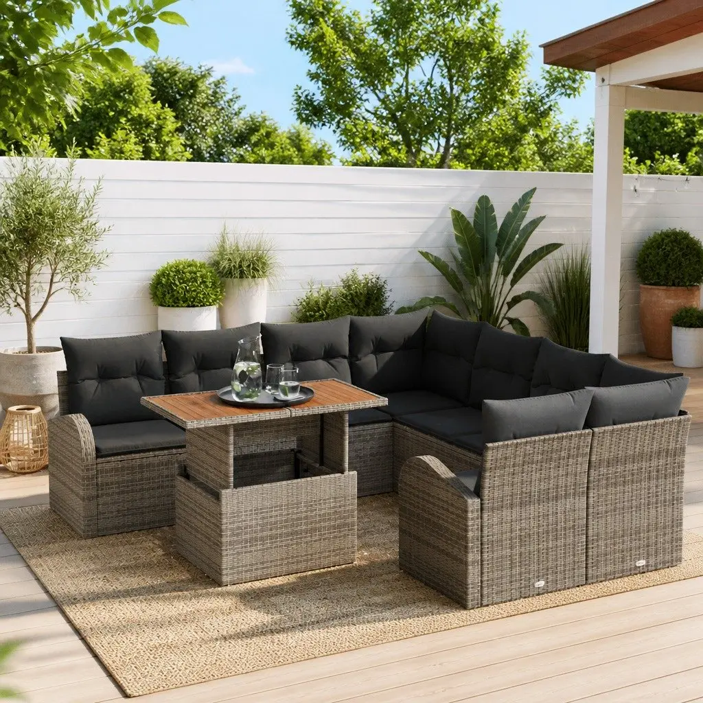 Garden Sofa Set 9 pcs Grey Poly Rattan Outdoor Furniture Modular Storage Lounger