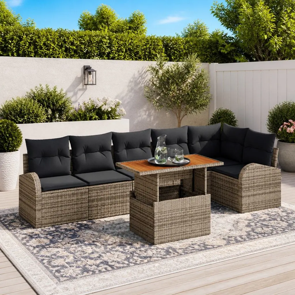 Garden Sofa Set Outdoor Furniture 7 Pieces Grey Poly Rattan Modular with Storage
