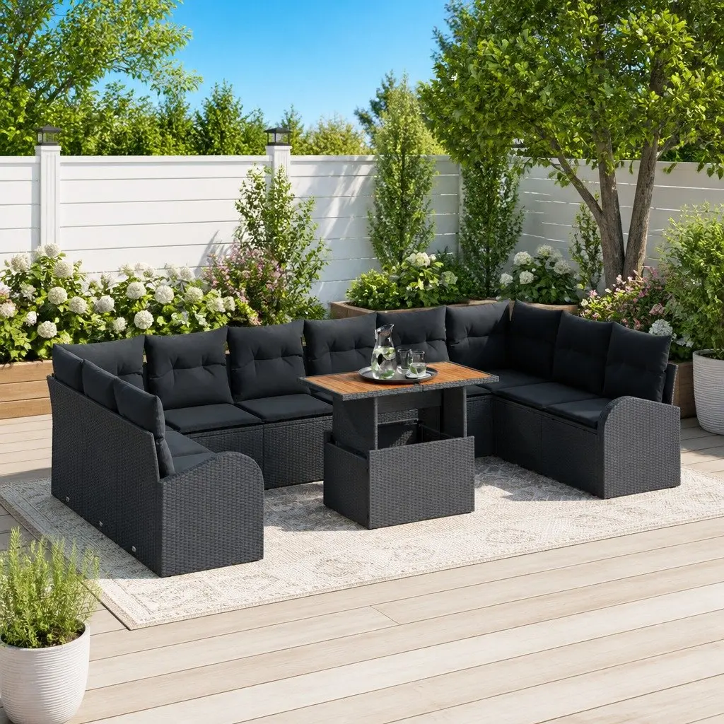 Garden Sofa Set 11 Piece Outdoor Furniture Modular Seating Storage Black Poly