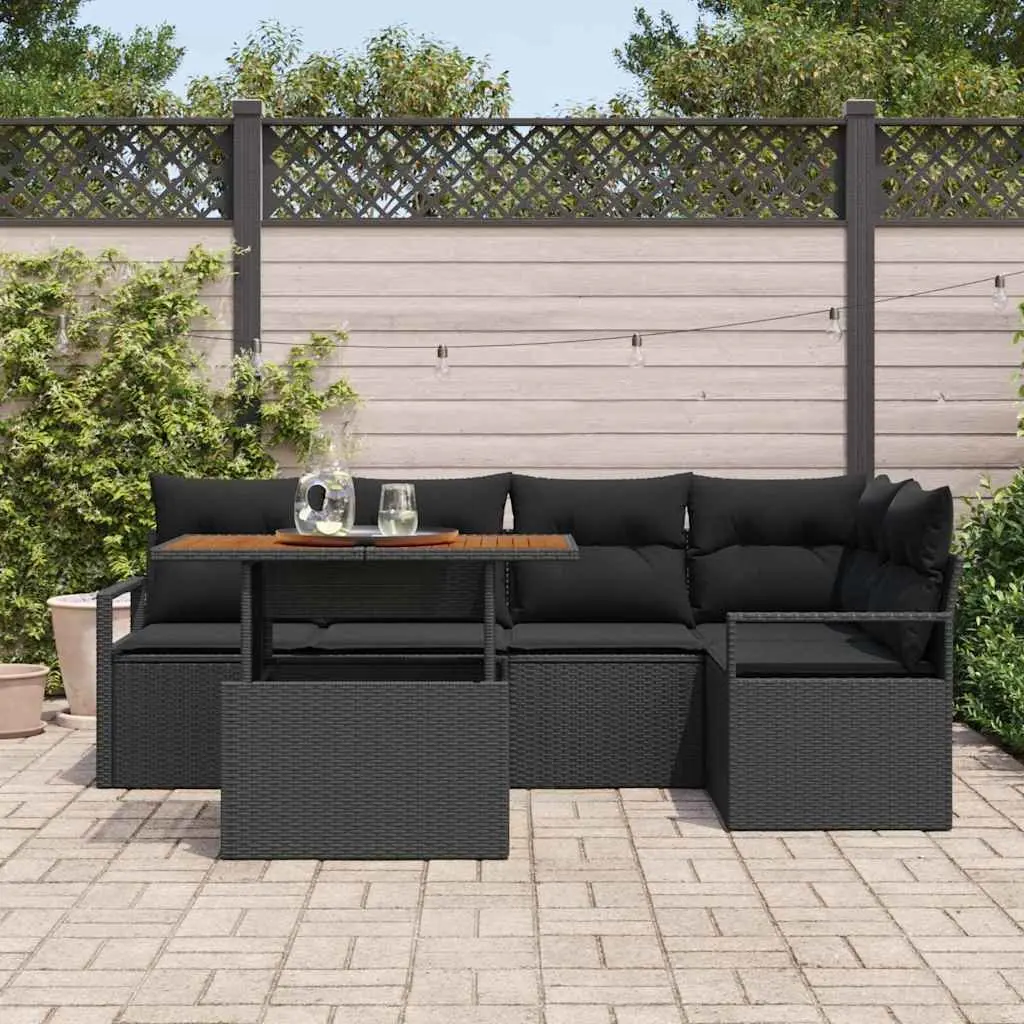 6-Piece Black Poly Rattan Sofa Set