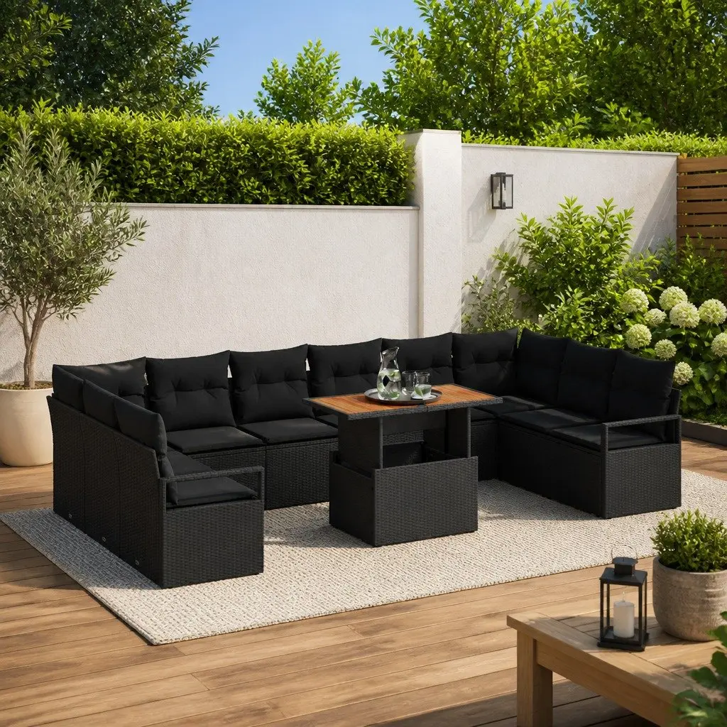 Garden Sofa Set Modular Outdoor Furniture 11 Pieces Black Poly Rattan
