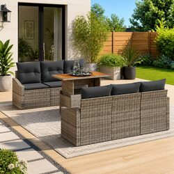 7-Piece Grey Poly Rattan Garden Sofa Set with Storage