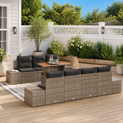 Garden Sofa Set 8 Pieces Grey Poly Rattan Outdoor Furniture with Storage Seating