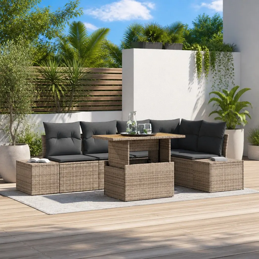 Garden Sofa Set 6 Piece Outdoor Use Grey Poly Rattan Modular Storage