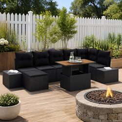 Garden Sofa Set 8 Pieces Outdoor Furniture Black Poly Rattan Modular Seating