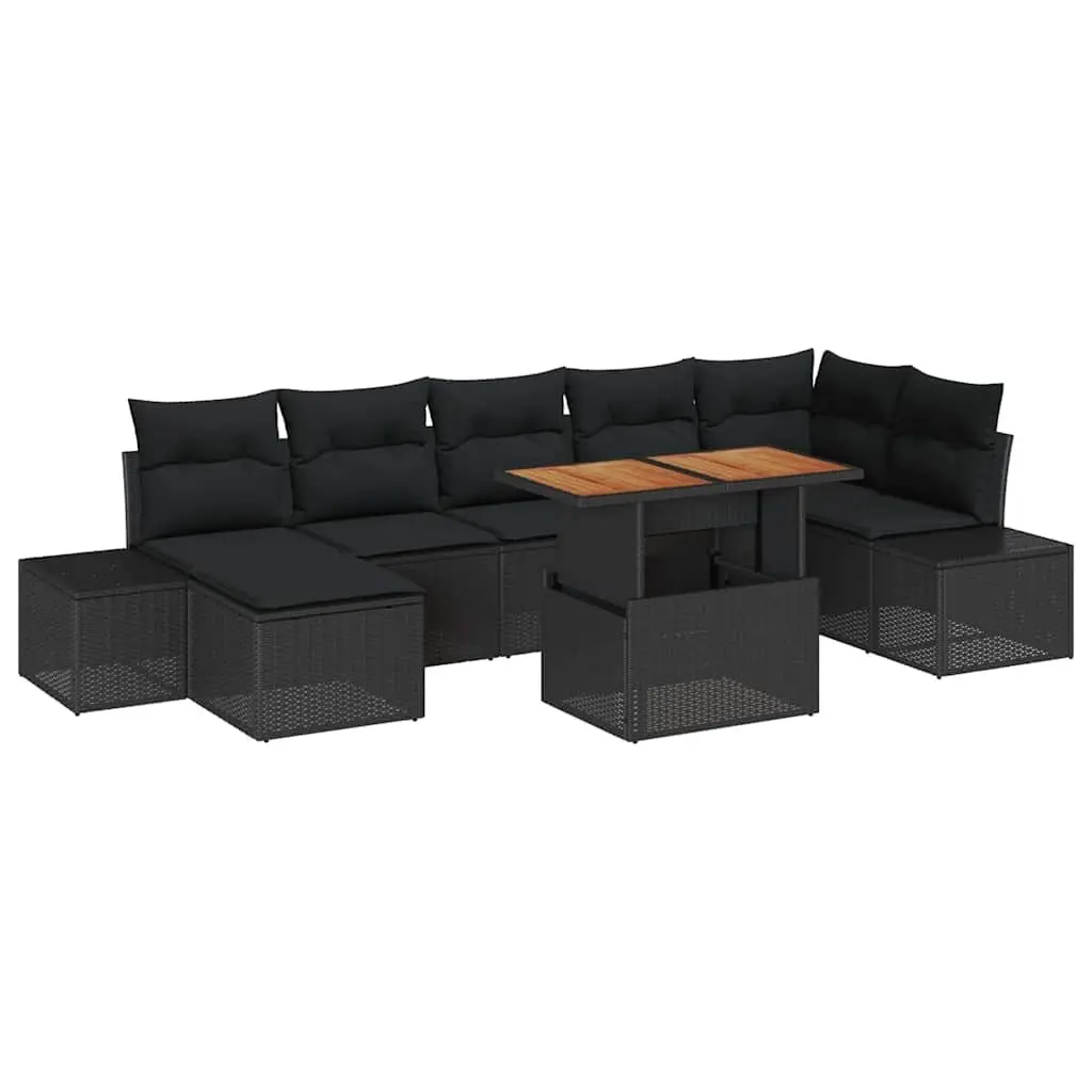 8-Piece Black Poly Rattan Garden Sofa Set