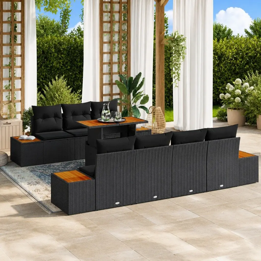 8-Piece Outdoor Garden Sofa Set with Storage Black Poly Rattan Patio Furniture
