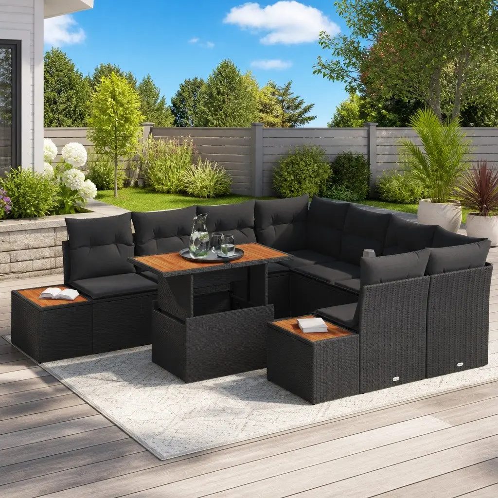 Outdoor Garden Sofa Set 9 Piece Black Poly Rattan Furniture for Patio and Outdoor Living