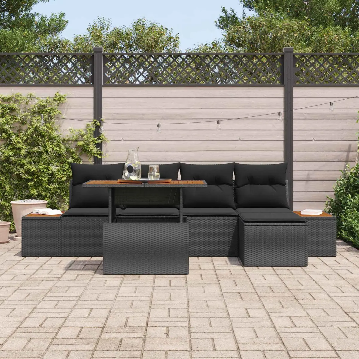 6-Piece Black Poly Rattan Garden Sofa Set