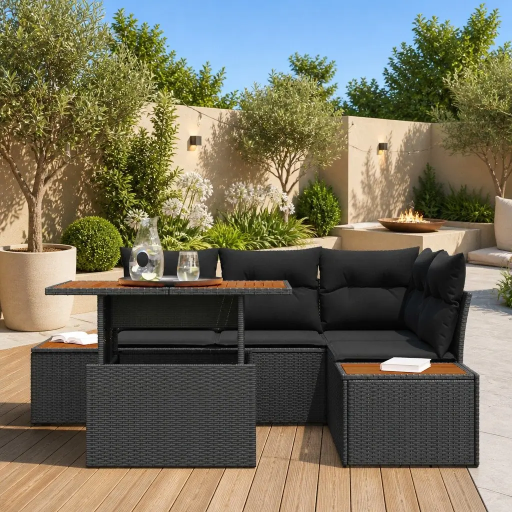 Modular Black Poly Rattan Sofa Set for Outdoor Garden Use 5 Piece with Flexible Seating and Storage