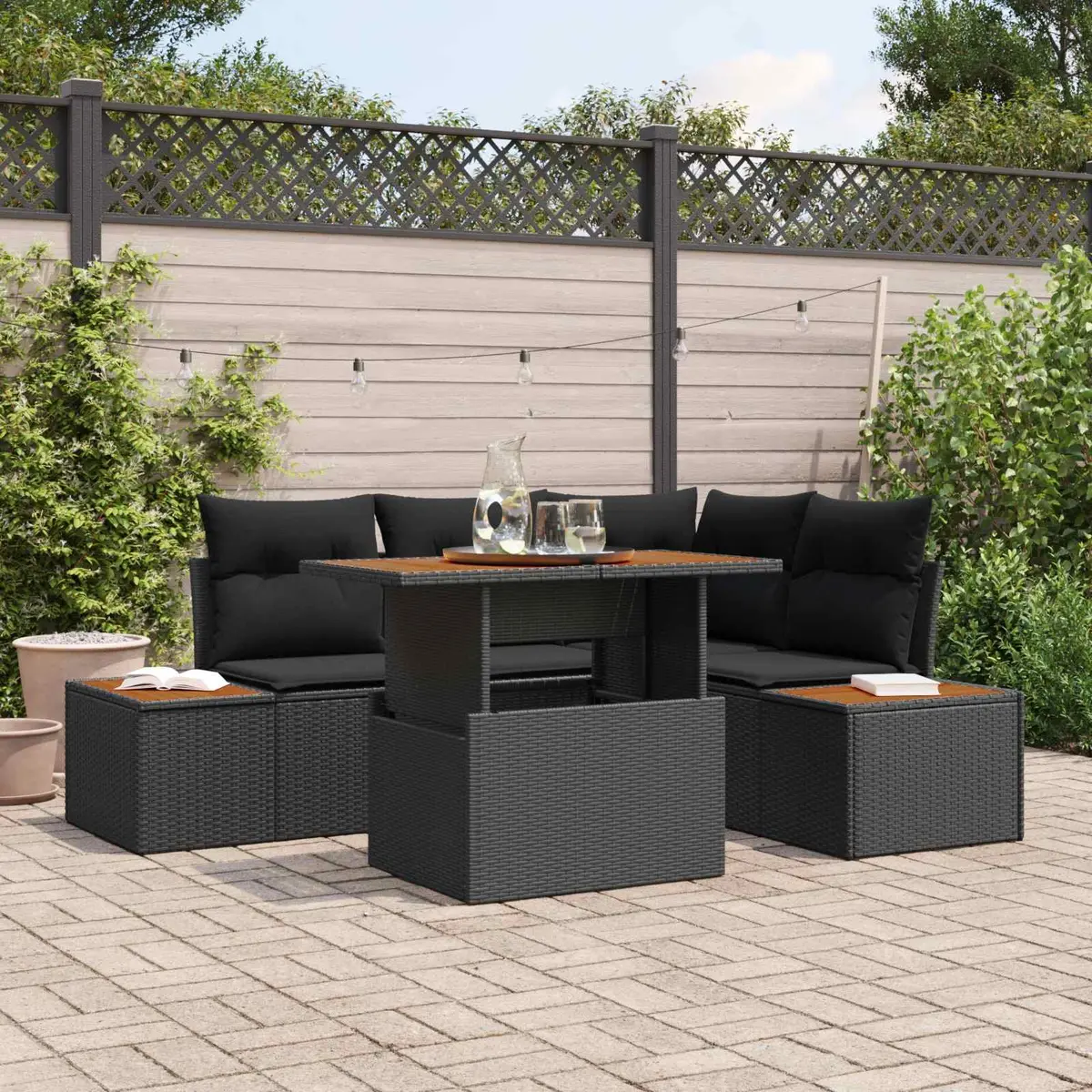 Modular Black Poly Rattan Sofa Set for Outdoor Garden Use 5 Piece with Flexible Seating and Storage