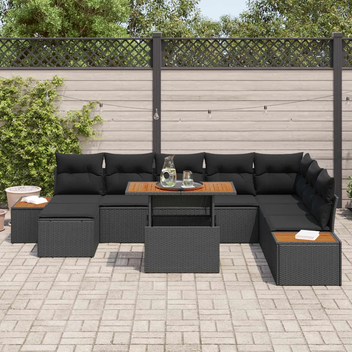 Garden Sofa Set 9 Pieces Black Poly Rattan Outdoor Furniture with Storage
