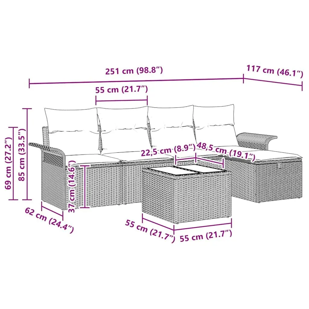 6-Piece Grey Poly Rattan Sofa Set