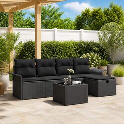 Outdoor Garden Sofa Set: 6 Pieces, Black Poly Rattan