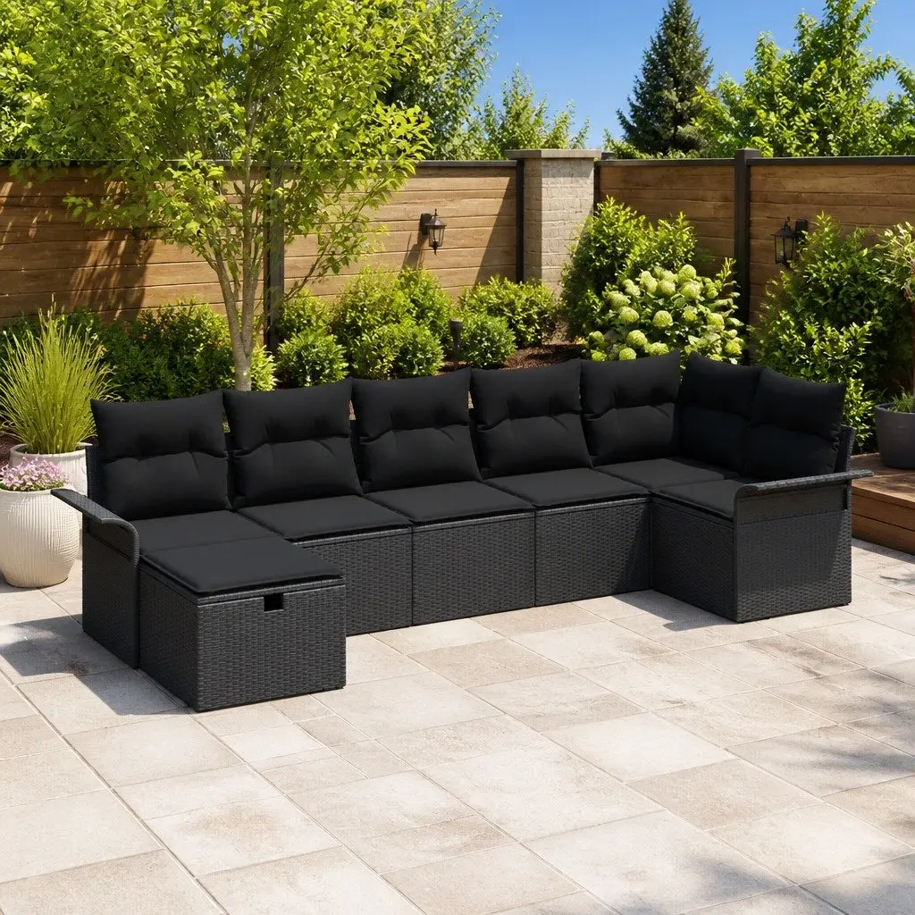 Modular Outdoor Garden Sofa Set 7 Piece Poly Rattan Black with Adjustable Table and Cushions