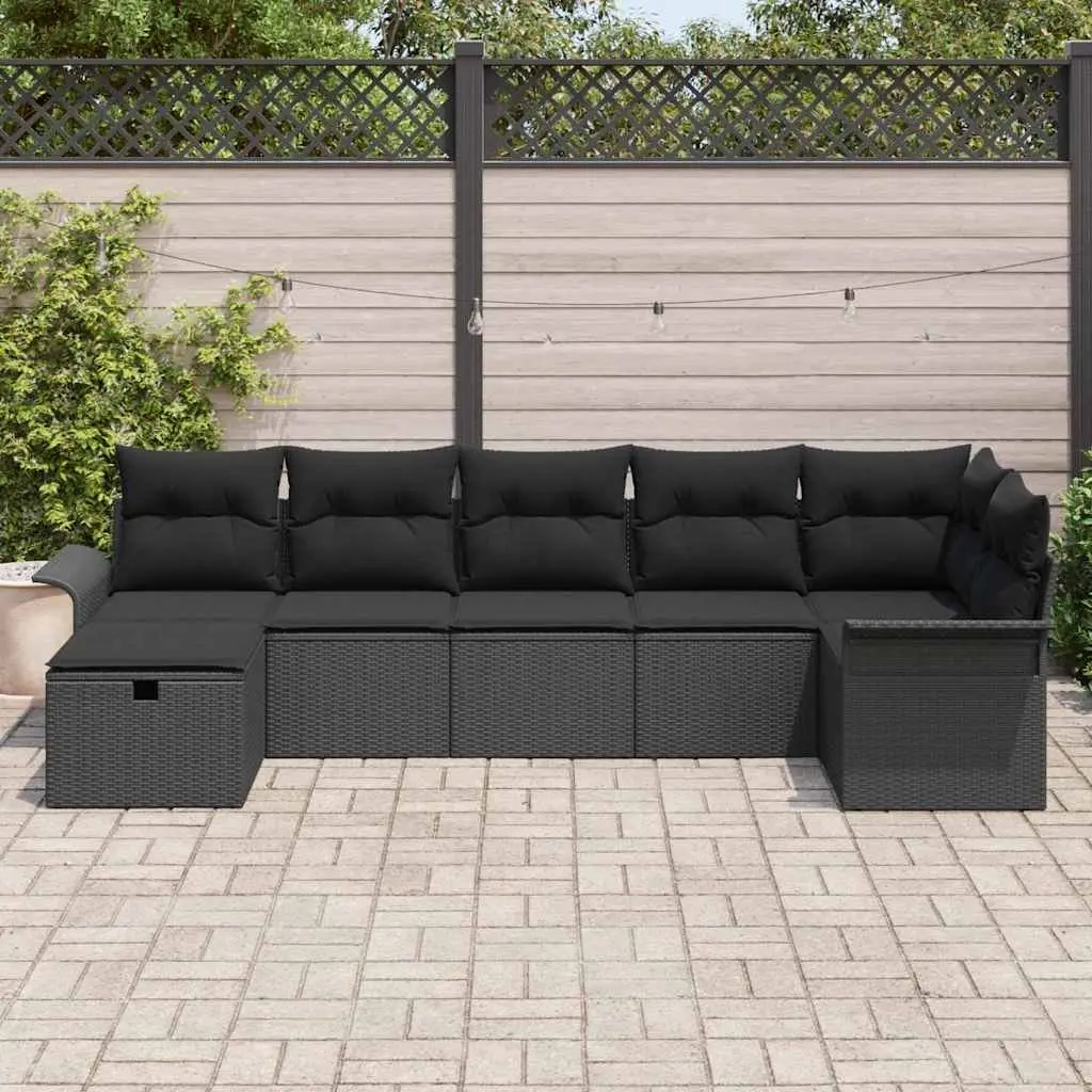 Modular Outdoor Garden Sofa Set 7 Piece Poly Rattan Black with Adjustable Table and Cushions