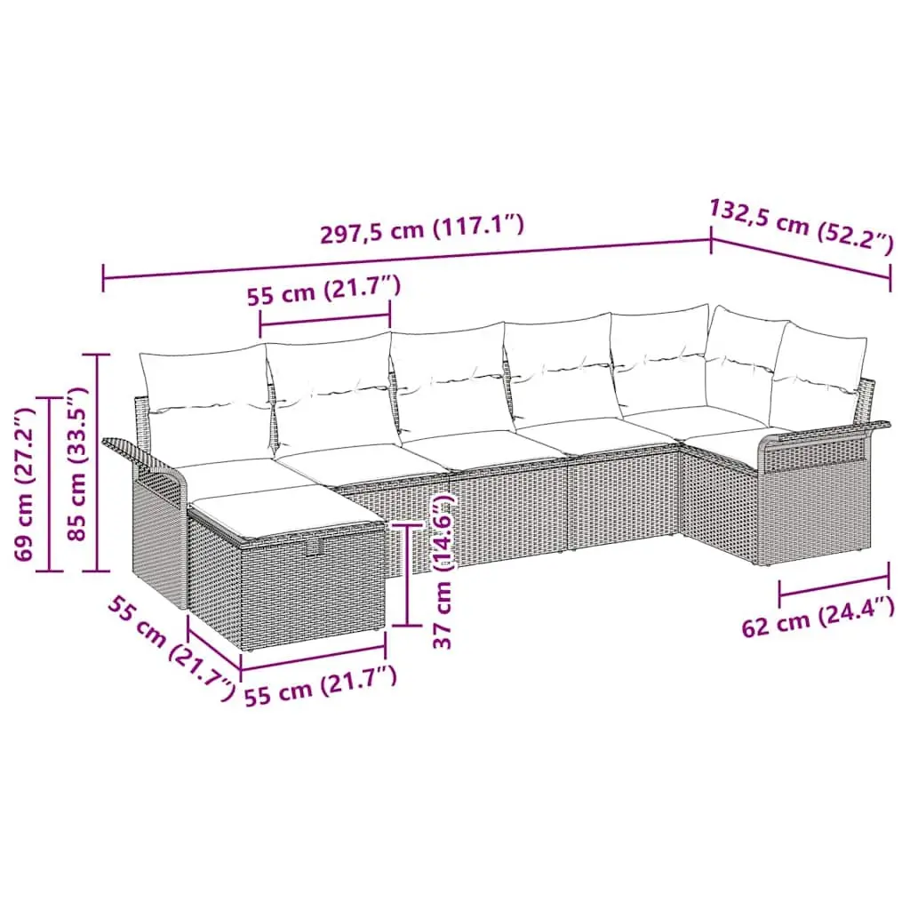 Modular Outdoor Garden Sofa Set 7 Piece Poly Rattan Black with Adjustable Table and Cushions