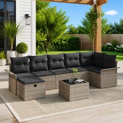 8-Piece Garden Sofa Set: Grey Poly Rattan with Steel Frame
