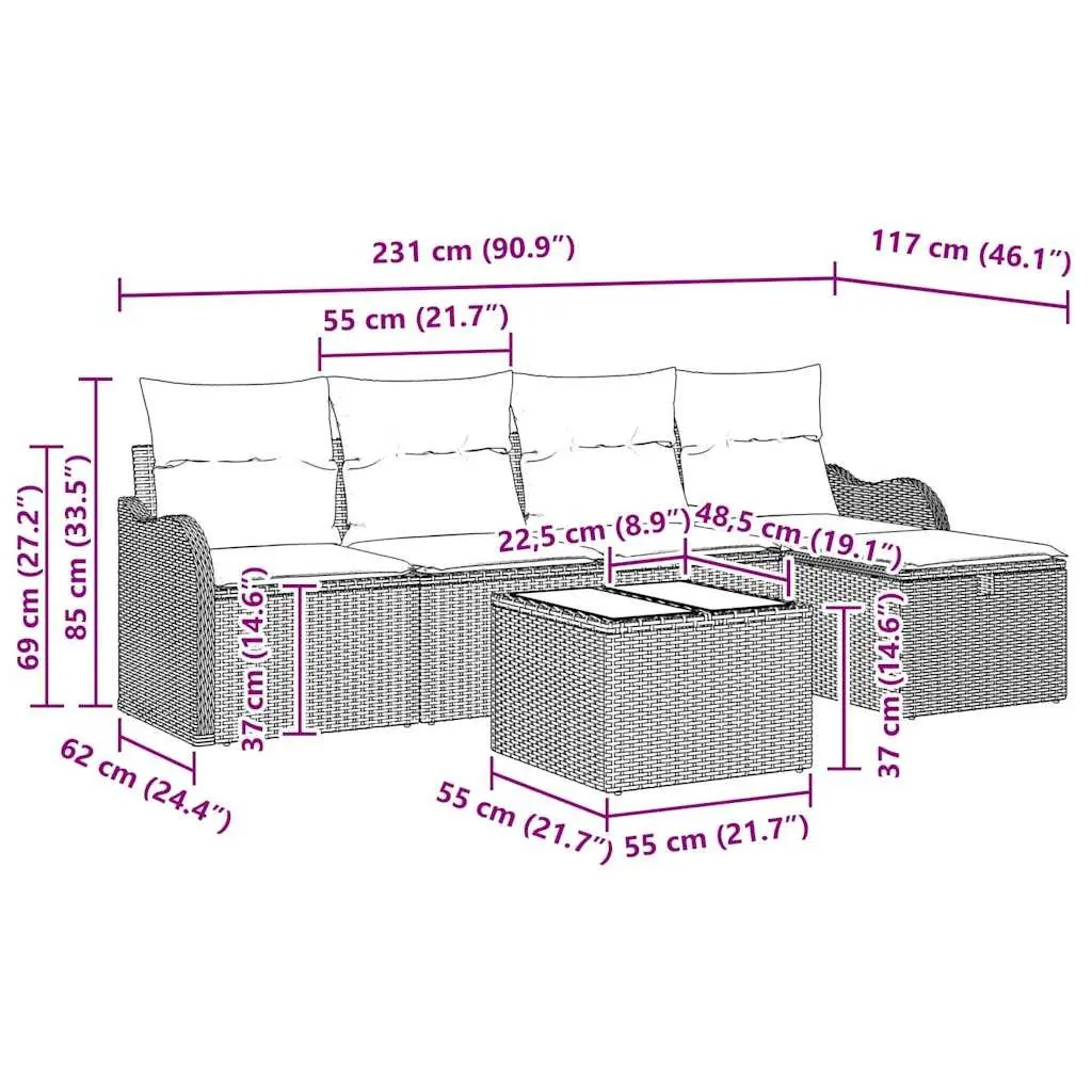 Modular Garden Sofa Set 6 Pieces Grey Poly Rattan Outdoor Seating Patio
