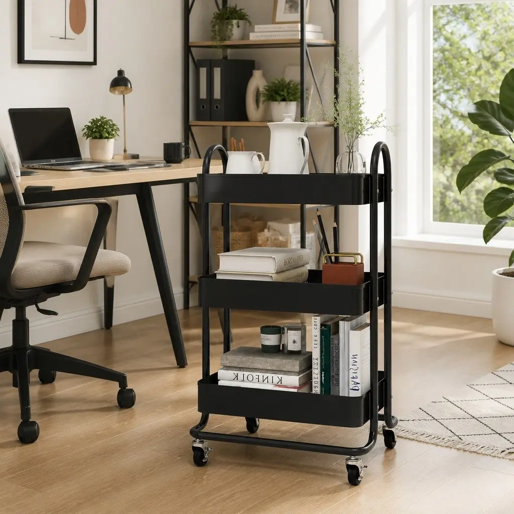 3-Tier Storage Trolley Black Steel Kitchen Office Organiser Mobile Cart Wheels