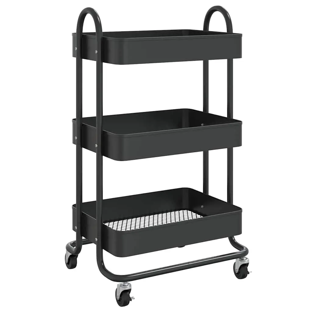 3-Tier Storage Trolley Kitchen Office Organiser Black Steel Mobile Cart