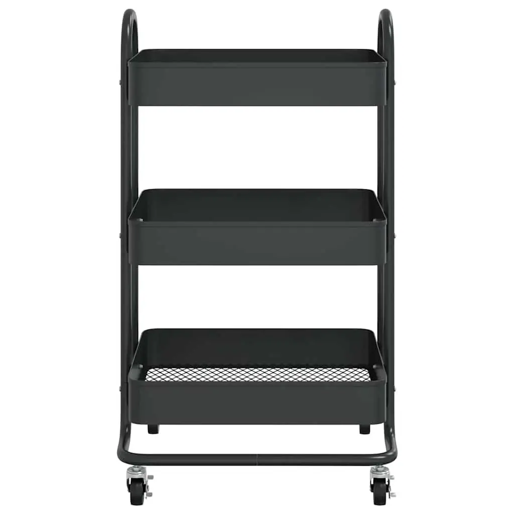 3-Tier Storage Trolley Kitchen Office Organiser Black Steel Mobile Cart